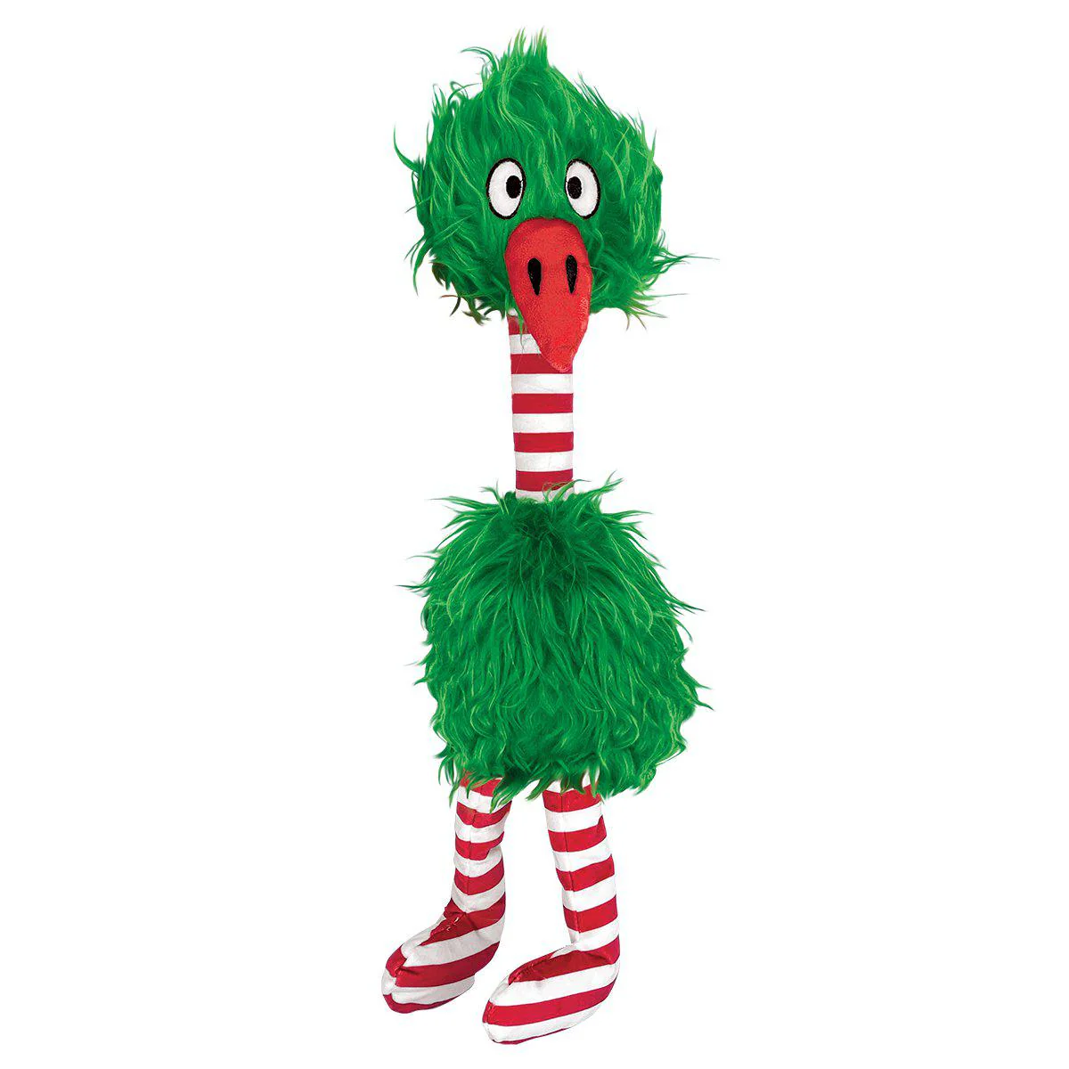 Plush, green dog toy in the shape of a bird with a red and white striped neck and legs.