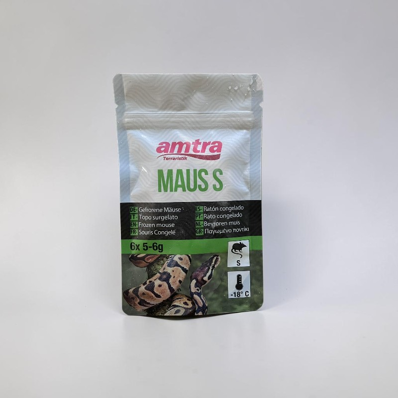 Confezione di topi congelati "Mouse S" di Amtra, per animali da terrario. Con l'immagine di un pitone reale. Specifiche: 6 topi, 5-6 g ciascuno, surgelati.