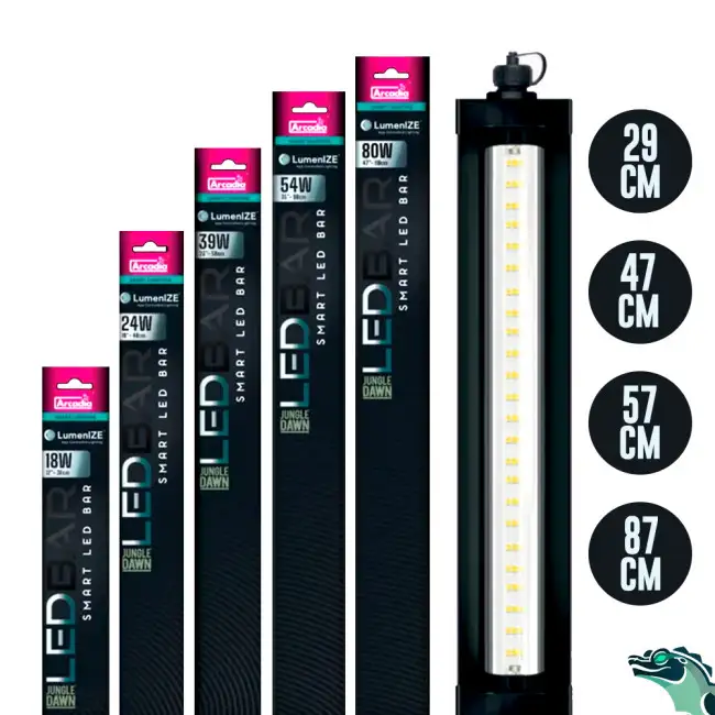 Fünf vertikal angeordnete Verpackungen für LumenIZE Jungle Dawn Smart LED Bars, aufsteigend von 18W bis 80W. Rechts eine eingeschaltete LED-Bar mit sichtbaren Dioden. Daneben Kreise mit 29, 47, 57 und 87 cm.