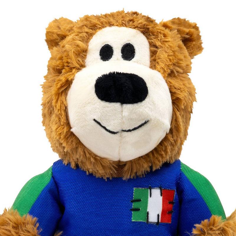Primo piano di un orsacchiotto di peluche marrone dal pelo soffice. Ha il muso color crema con occhi a bottone neri, naso nero e un sorriso ricamato. Indossa una maglietta blu con strisce verdi sulle maniche e una toppa con la bandiera italiana.