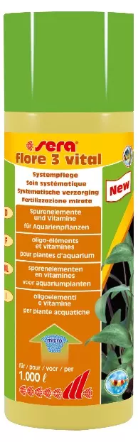 Packaging Sera flore 3 vital: Microfertiliser for aquarium plants with trace elements and vitamins.