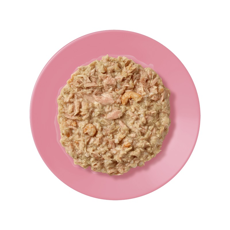 De haut en bas : Filet de thon avec crevette en bouillon sur assiette rose. Nourriture humide pour chats.