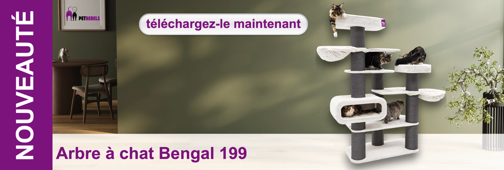 Grand arbre à chat à plusieurs niveaux, blanc et gris, sur lequel plusieurs chats jouent et se détendent. Un chat tigré est allongé sur une plate-forme tout en haut, tandis qu'un autre jette un œil depuis une niche. À l'arrière-plan, un salon moderne.