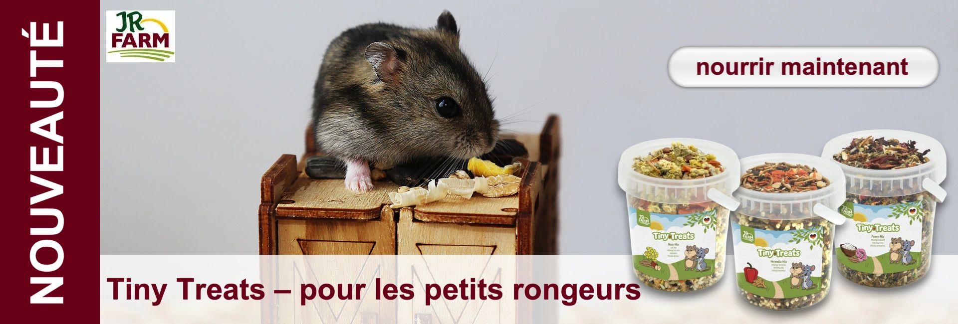 Un hamster grignote de la nourriture sur une table en bois miniature, à côté de trois récipients contenant des friandises pour petits rongeurs.