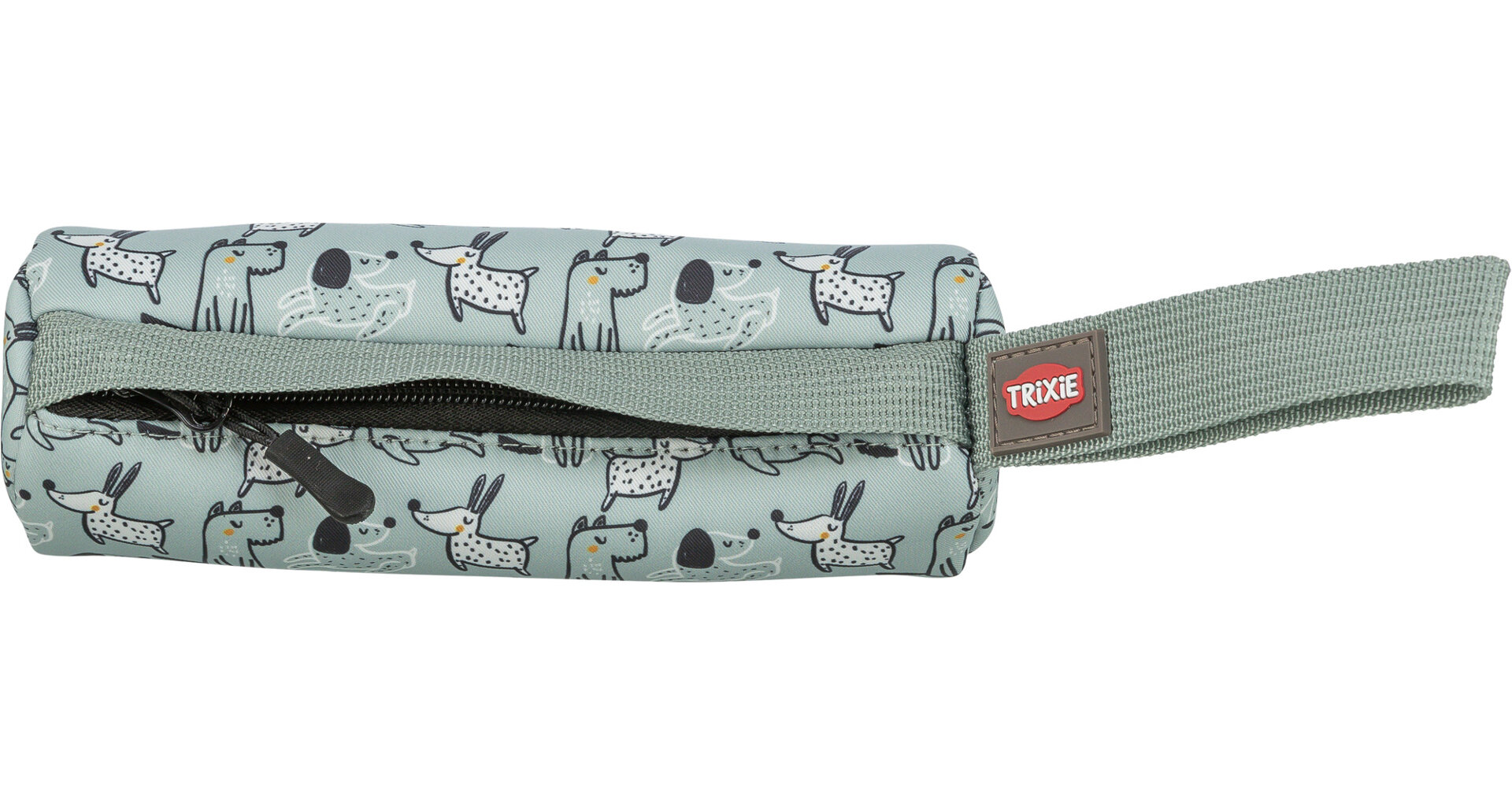 Hellgrüne rechteckige Tasche mit Muster aus Cartoon-Hunden in Weiß, Schwarz und Grautönen. Teilweise mit schwarzem Reißverschluss geöffnet, mit grüner Stoffschlaufe und TRIXIE-Logo-Patch an der Seite.