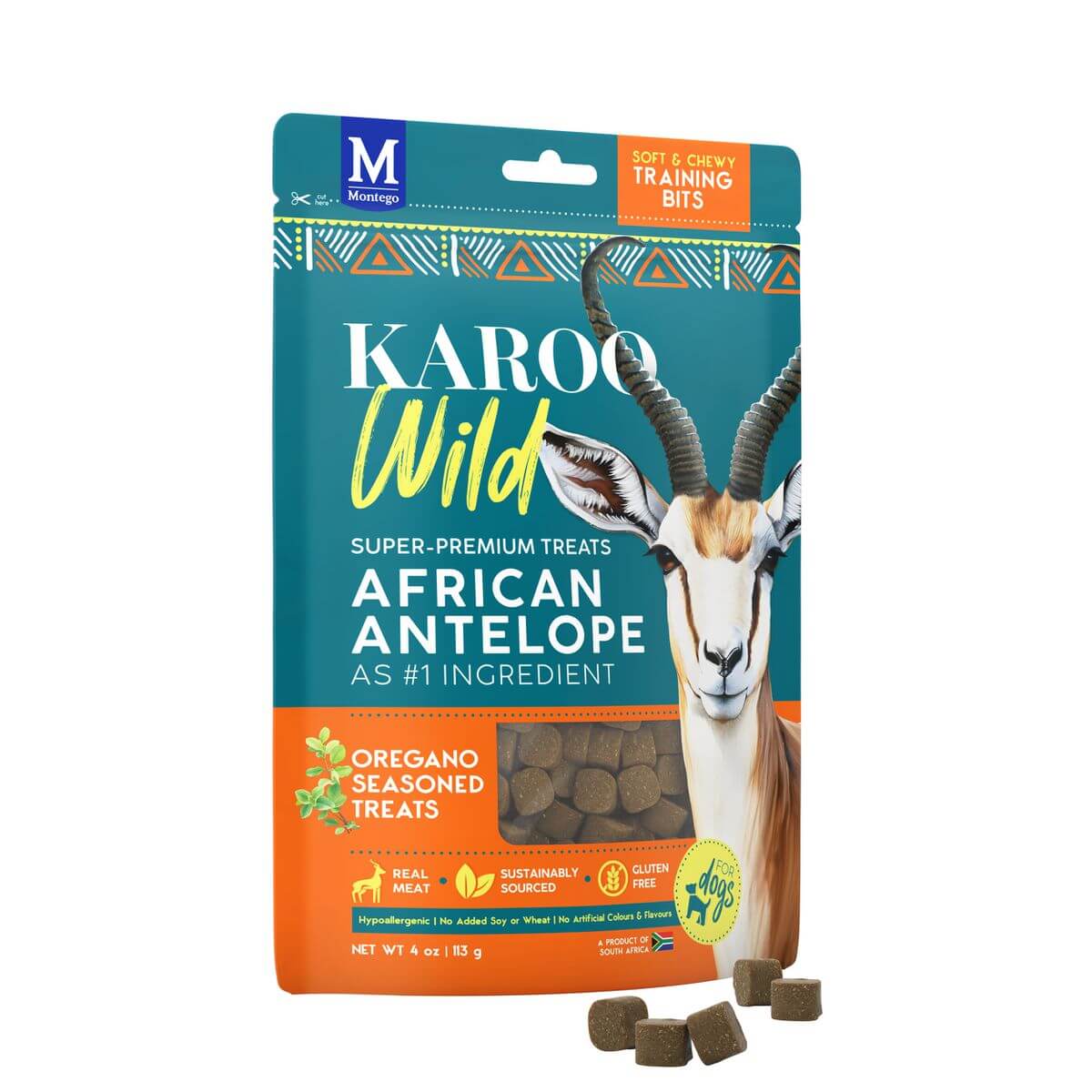 Montego Bocconcini da addestramento Karoo Wild Super-Premium per cani con antilope africana e origano. Confezione verde acqua e arancione con illustrazione di uno springbok. Accanto, cubetti marroni. Senza glutine, ipoallergenici.
