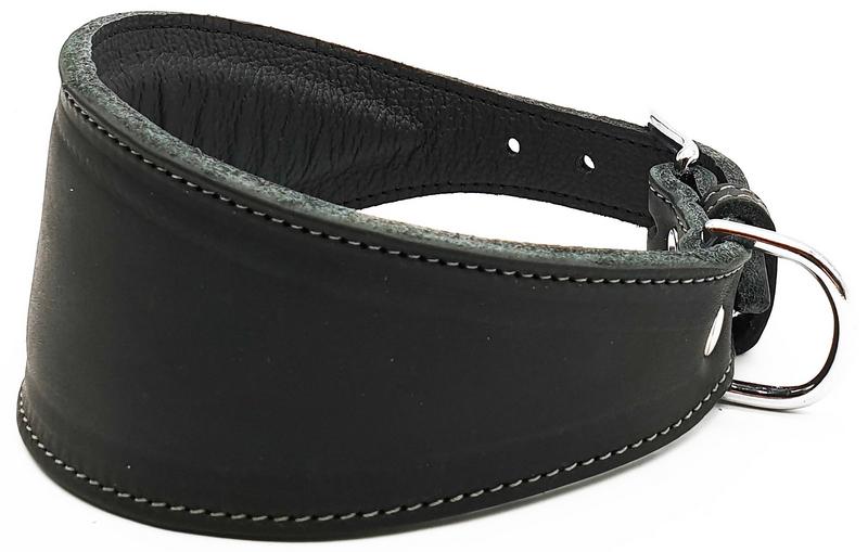 Collier de chien large en cuir noir avec boucle et anneau argentés. Les coutures sont blanches.