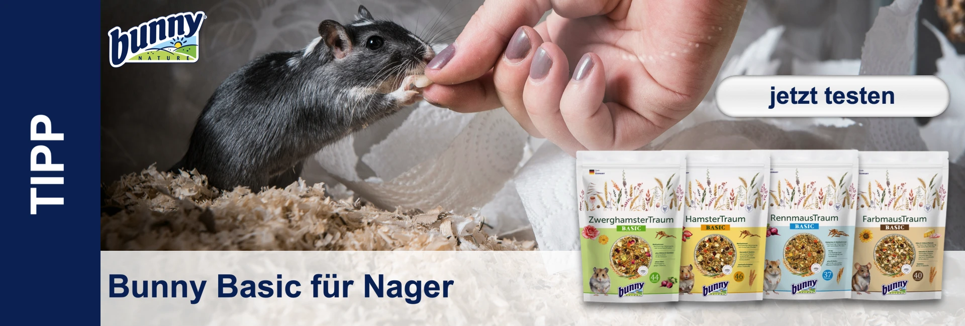 Un gerbillo grigio-marrone che prende il cibo da una mano, con confezioni di cibo sullo sfondo.