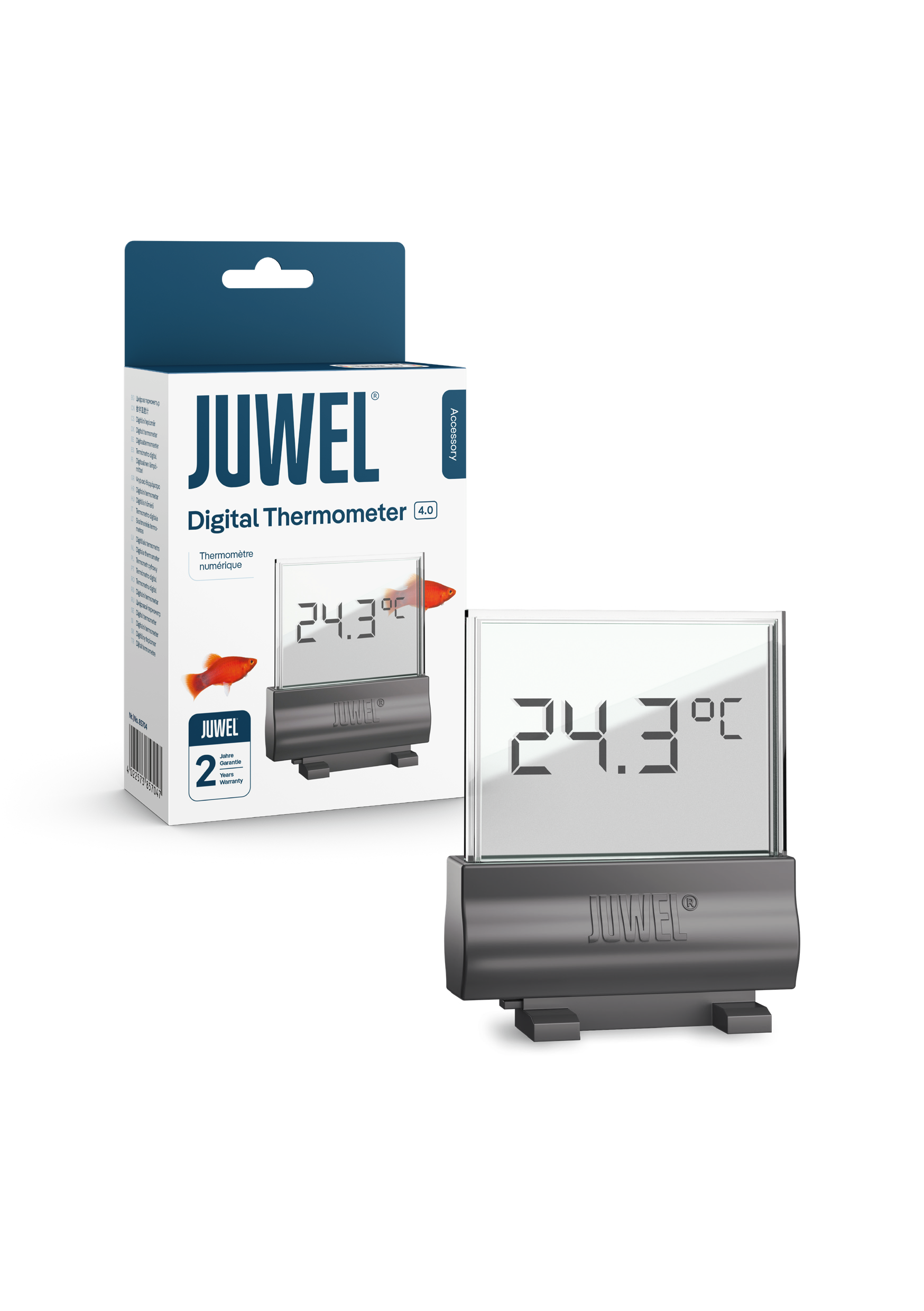 Juwel ’s Digital Thermometer 4.0, featuring a large, transparent LCD display, clearly shows 24.3°C. It is shown next to white and blue packaging bearing the ‘ Juwel ’ logo, the product name, a red sword-bearing figure and the 2-year guarantee symbol.