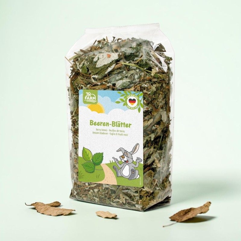 Transparent packaging containing dried berry leaves for small animals. Label featuring a smiling rabbit on a path alongside fresh berry leaves. At the top: ‘JR Farm Berry Leaves’, with translations below.