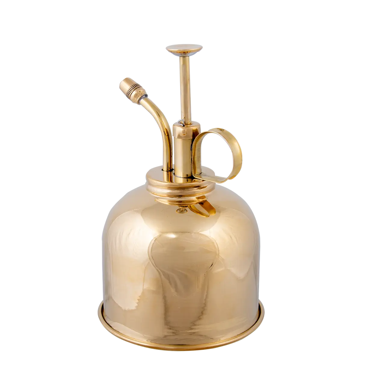 Ein glänzender, goldener Pflanzensprüher mit glatter, bauchiger Basis und schlanker Pumpe. Ein gebogener Sprühkopf ragt nach links, ein kleiner runder Griff ist rechts angebracht. Die polierte Oberfläche reflektiert Licht.