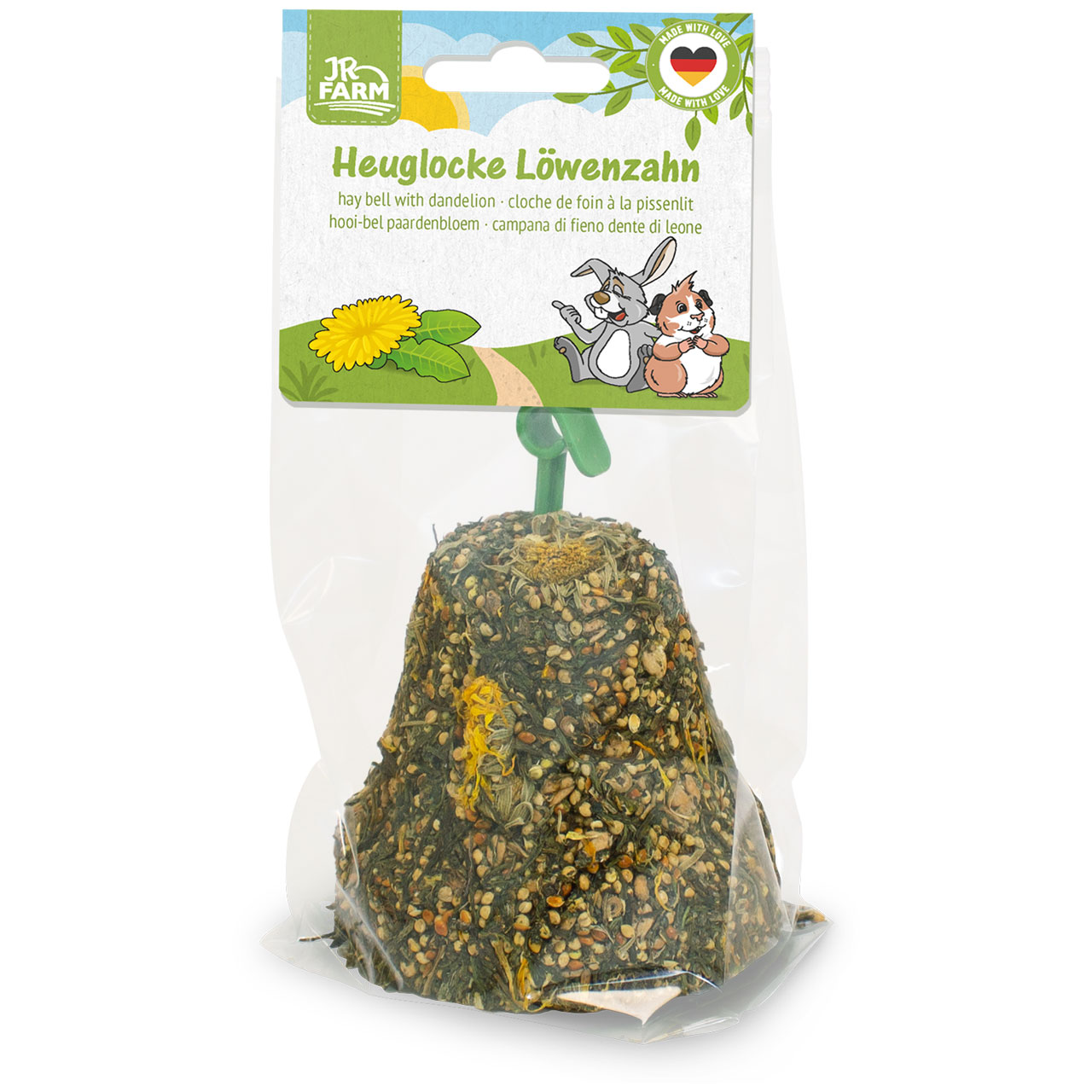 JR Farm Dandelion Hay Bell: a cone-shaped feed block for small animals made from compressed hay, seeds and dried yellow dandelion flowers, packed in a transparent bag. Product card at the top showing the name, ‘Rabbits/Guinea Pigs’.