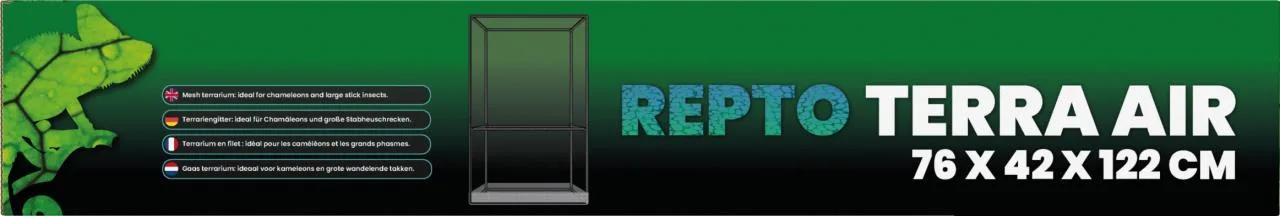 Grüner Werbebanner mit stilisiertem Blattader-Chamäleon links. Mittig ein hohes, rechteckiges Gitterterrarium mit grauem Boden. Rechts "REPTO TERRA AIR", Maße 76 x 42 x 122 cm. Ideal für Chamäleons und große Stabheuschrecken.