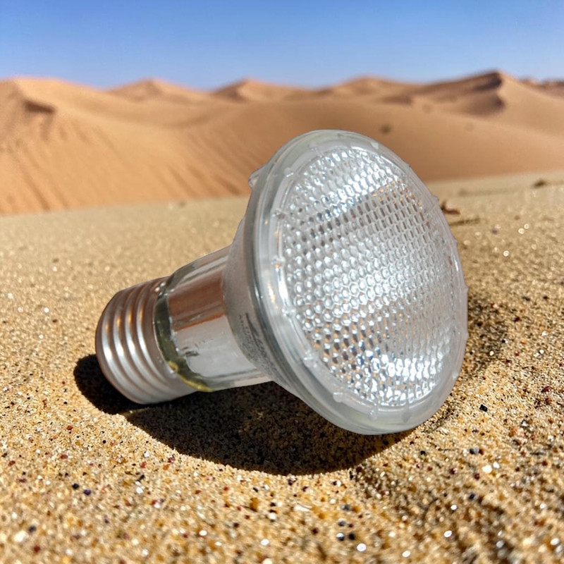A Lucky Reptile halogen sun spotlight lies in fine, golden sand, the grains of which glisten in the sunlight. The ribbed glass surface is visible. In the blurred background: sand dunes beneath a blue sky.