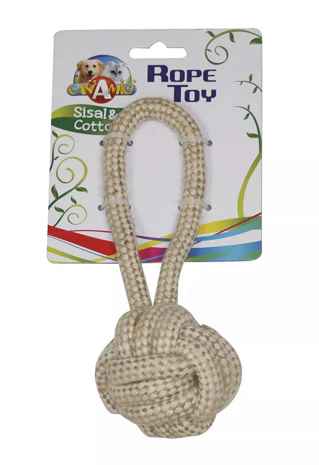 Croci Hundespielzeug: Baumwollknoten mit Schlaufe aus Sisal- und Baumwollfasern, befestigt an einer Pappkarte.