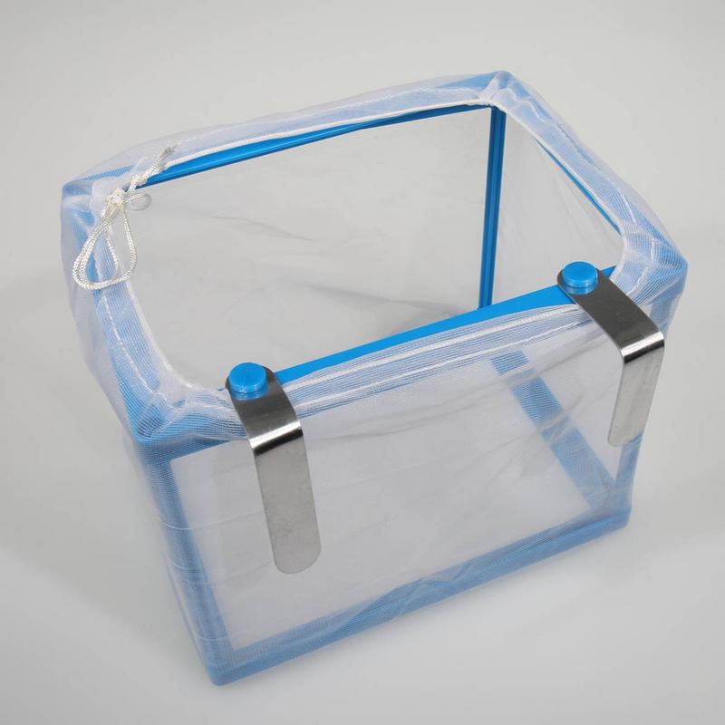 Rectangular mesh breeding box with a blue plastic frame and white, fine-mesh netting. Two silver metal hooks with blue caps secure it in the aquarium. White thread attached to one corner. For fry or sick fish.