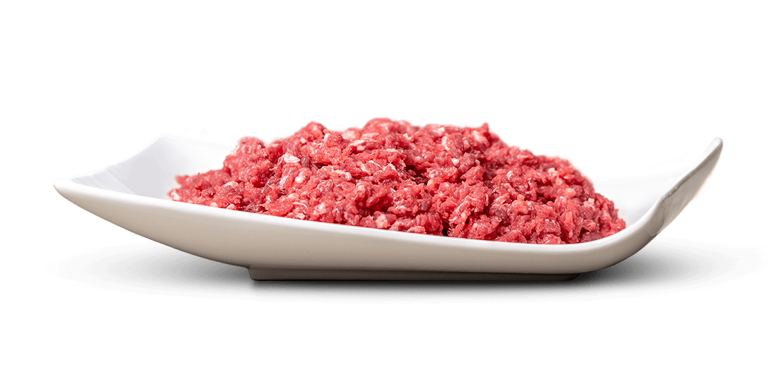 Carne macinata cruda in una ciotola bianca dalla forma ricurva su uno sfondo bianco. Macinata grossolanamente, con pezzi di carne rossa visibili e piccole parti di grasso bianco, distribuiti in modo uniforme. Ammucchiata al centro della ciotola.
