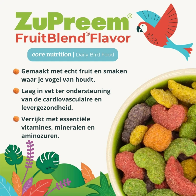 Ciotola con pellet colorati ZuPreem FruitBlend, a forma di cuore e frutta. Mangime quotidiano alla frutta, a basso contenuto di grassi per salute di cuore e fegato, con vitamine e minerali. Pappagallo e foglie tropicali.