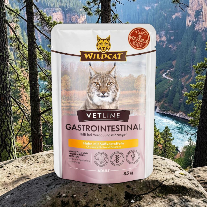 Wildcat bag. Vetline Gastrointestinal Chicken with Sweet Potatoes cat food for adult cats, helps with digestive problems, is displayed on a rock. A lynx is pictured on the bag. In the background: a wooded riverside landscape.