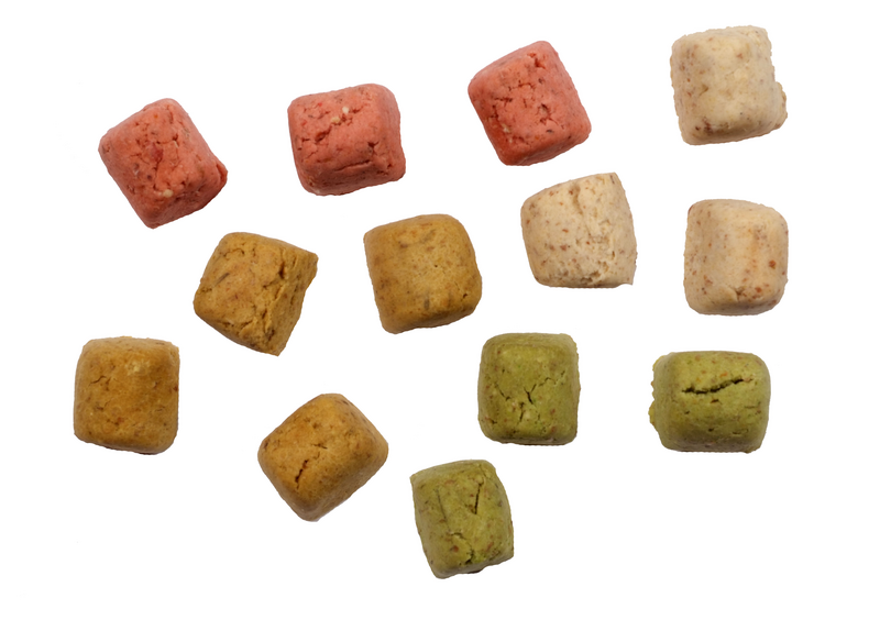 Onze petites friandises pour chiens en forme de cubes sont dispersées sur un fond blanc. Ces friandises se déclinent en trois couleurs : rose rougeâtre, marron clair et vert clair. Leur surface est croustillante et légèrement irrégulière.