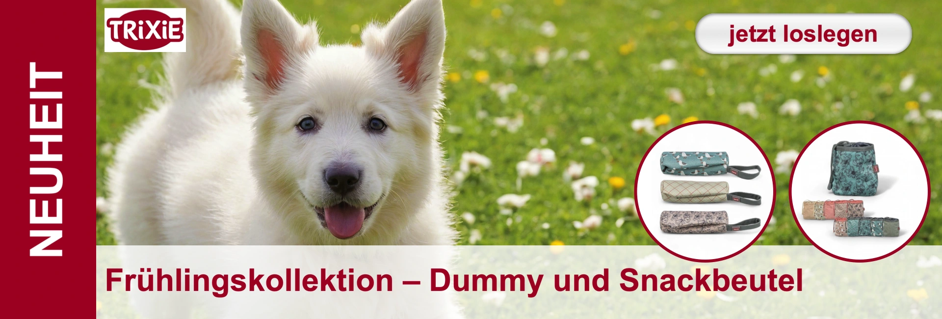 Pastore tedesco bianco sdraiato sull'erba, pubblicità di prodotti per sacchetti di dummy e snack. Logo "Trixie" in alto a sinistra.