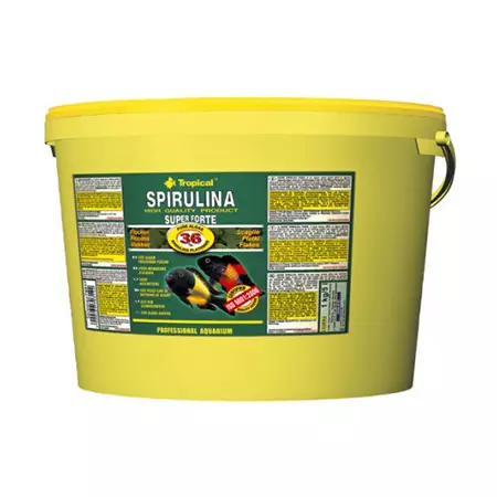 Yellow bucket with Tropical Super Spirulina Forte 36% fish food with two fish on it.