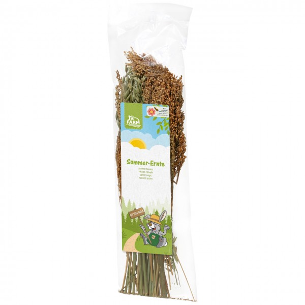 Transparent bag containing dried cereal ears and grasses. Visible are brown, dense panicles resembling millet, as well as greener, flatter ears similar to oats. Sticker: ‘JR Farm Summer Harvest’, sun, cartoon rabbit.