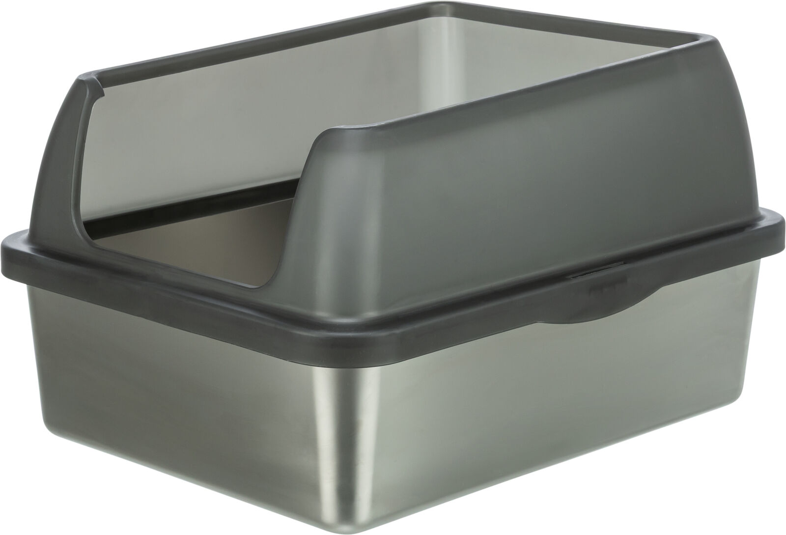 Rectangular plastic cat litter tray with a light grey, semi-transparent base and a dark grey, opaque top. Wide, curved opening at the front for easy access and privacy. Functional and modern.