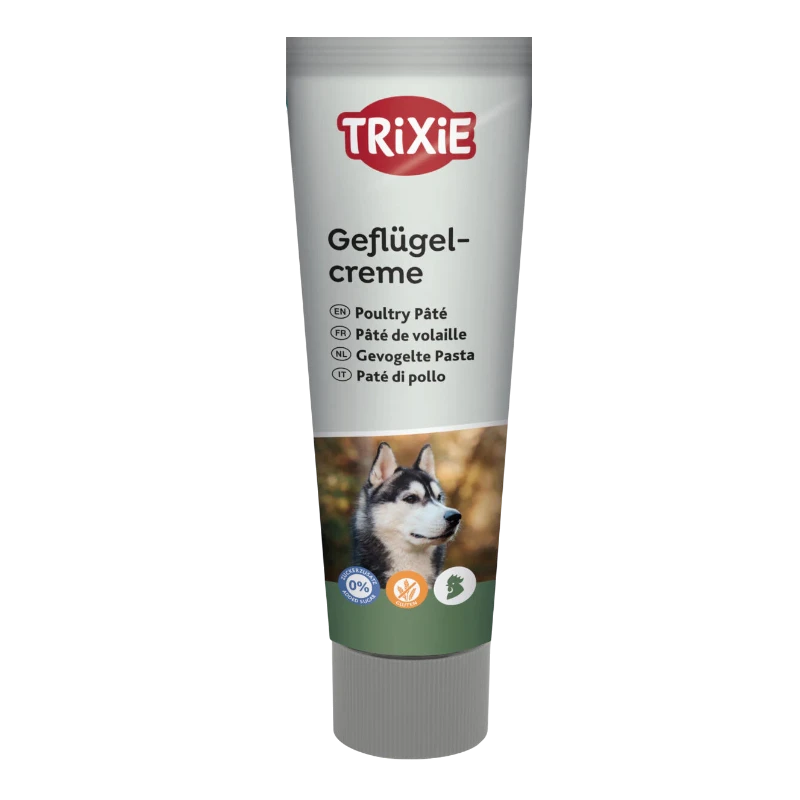 Verpackung Trixie Premio Geflügelcreme für Hunde mit Husky und Hinweisen zu Inhaltsstoffen.