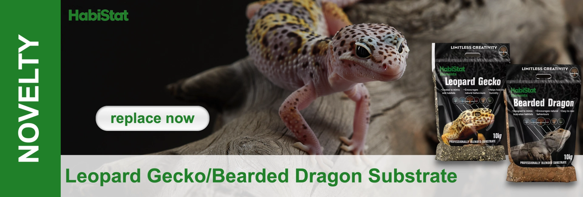 A lively leopard gecko with black spots and orange markings is perched on a piece of wood. In the background, two Habistat product bags for leopard gecko and bearded dragon substrate can be seen. On the left, it says ‘NOVELTY’.