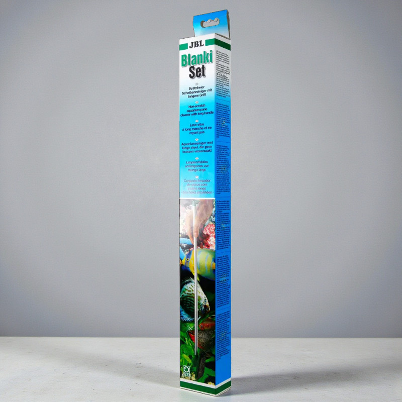 Confezione del JBL Blanki Set, un pulitore a disco antigraffio con manico lungo per acquari e terrari.