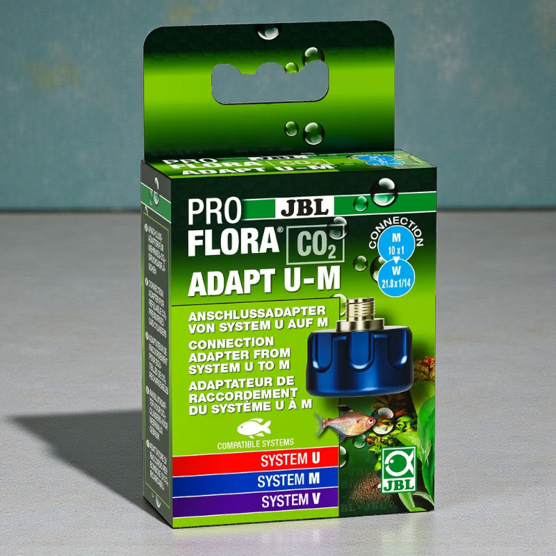 Confezione dell'adattatore di conversione JBL ProFlora Adapt u-m, pezzo di connessione blu in figura.