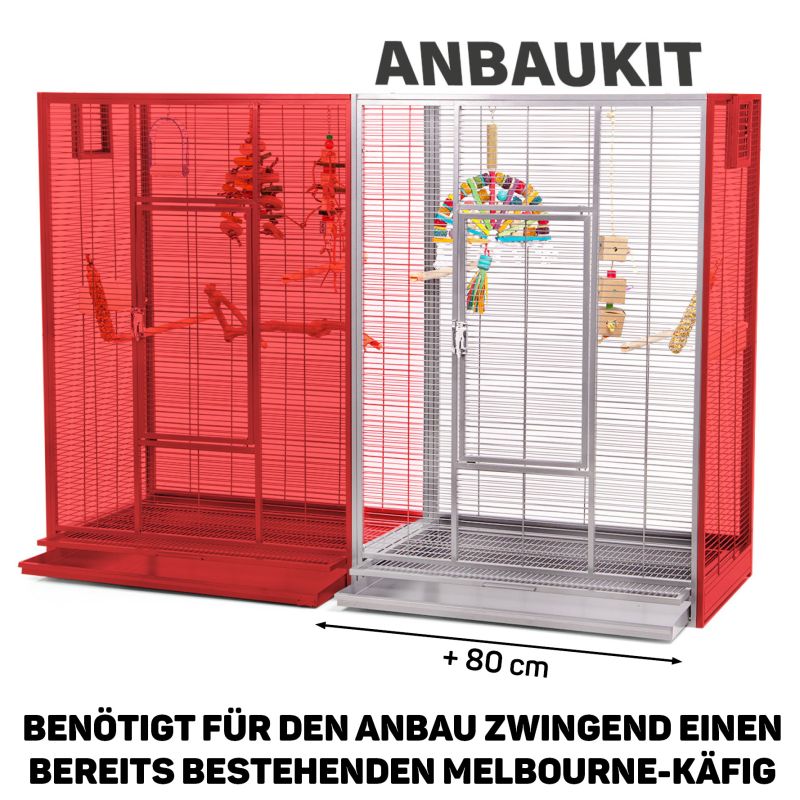 Kit de montage pour cage Melbourne, rouge et argent, avec accessoires et indications de taille.