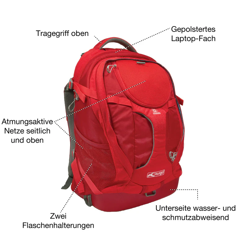 Red dog rucksack, G-Train K9, with laptop compartment, mesh pockets, carrying handle and bottle holders. The underside is water-repellent.