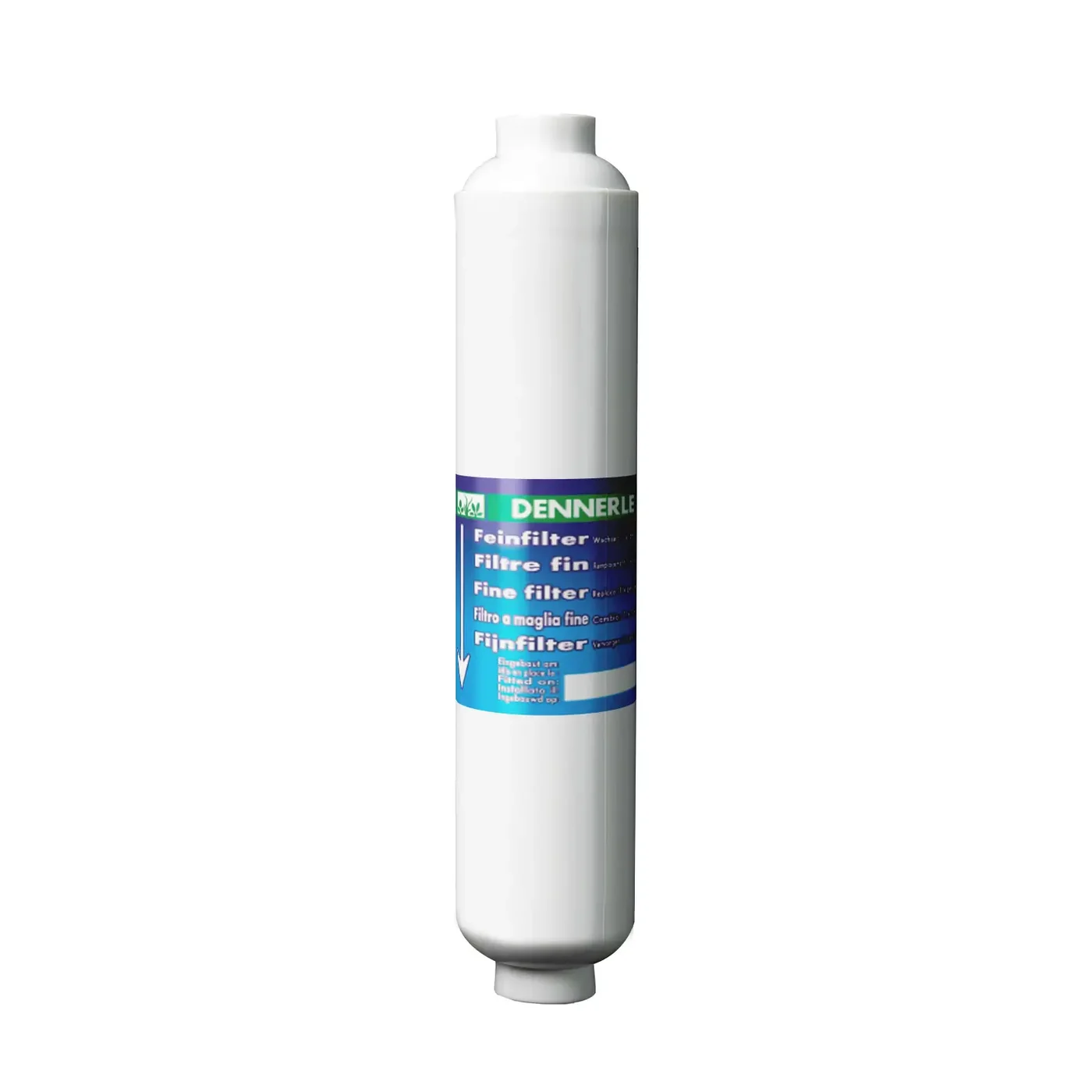 Weisser, zylindrischer Dennerle-Feinfilter mit blauem Etikett (mehrsprachig 'Feinfilter'). Ersatzteil für Osmoseanlagen wie Dennerle Osmose Professional 190, filtert Schwebstoffe und sorgt für hohe Wasserreinheit im Aquarium.