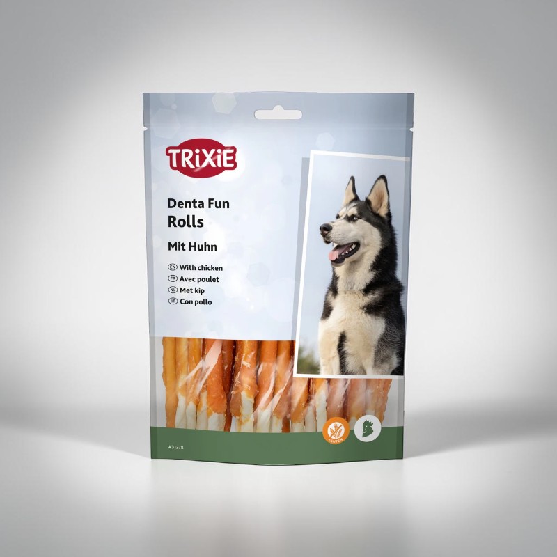 Confezione di Trixie Denta Fun Rolls al pollo, rotolini per l'igiene orale dei cani. Sul fronte sono presenti il logo Trixie, il nome del prodotto e un allegro husky bianco e nero. In basso sono visibili i rotolini, senza glutine, al pollo.