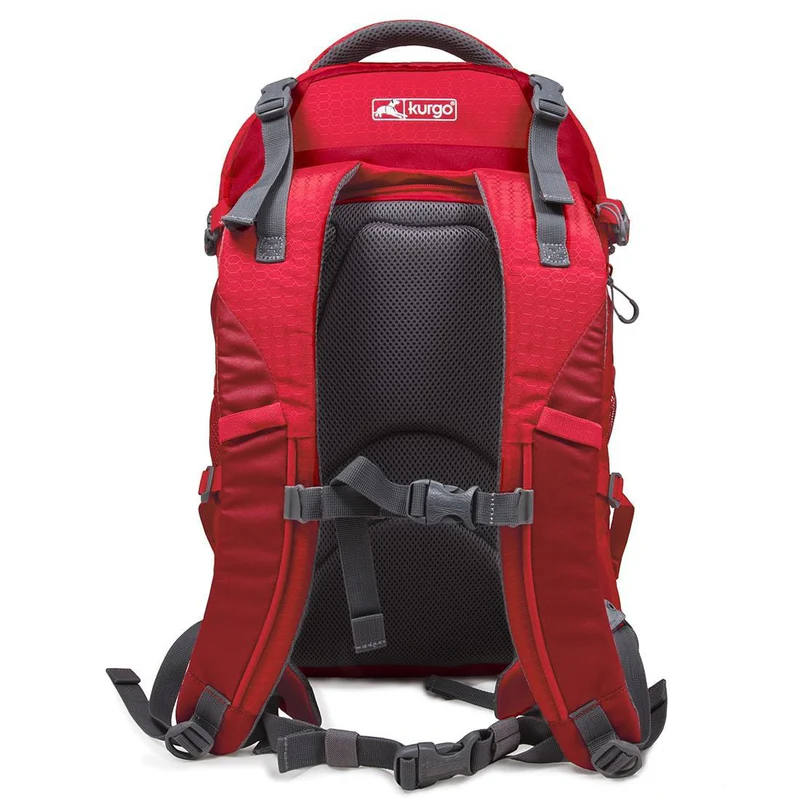 Red Kurgo hiking rucksack from the back with grey straps and padded back section.