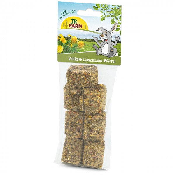 A packet of ‘ JR Farm ’ wholemeal dandelion cubes for pets. The transparent bag contains eight small brownish-green cubes made from grain and dandelion. The green header features the ‘ JR Farm ’ logo, a rabbit and the product name.