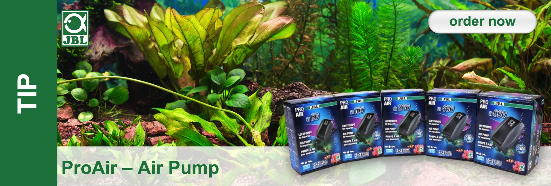 A lively aquarium with densely growing green aquatic plants and a rocky substrate. In the foreground are five packs of JBL ProAir air pumps (a60, a100, a200, a400, a600). An ‘order now’ button in the top right-hand corner.