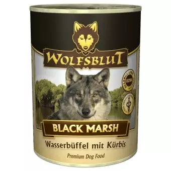 Wolfsblut Nourriture humide en boîte, Black Marsh, buffle d'eau avec citrouille. Illustration d'un loup.