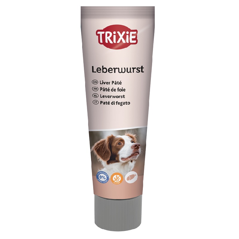 Un tubo di pasta per salsicce di fegato con il logo Trixie e l'immagine di un cane bianco e marrone sul davanti.