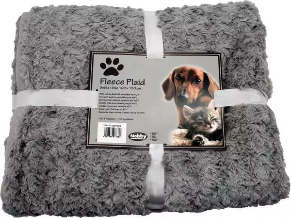 Coperta per cani Super Soft grigia, ripiegata con nastro di raso, etichetta con cane e gatto.