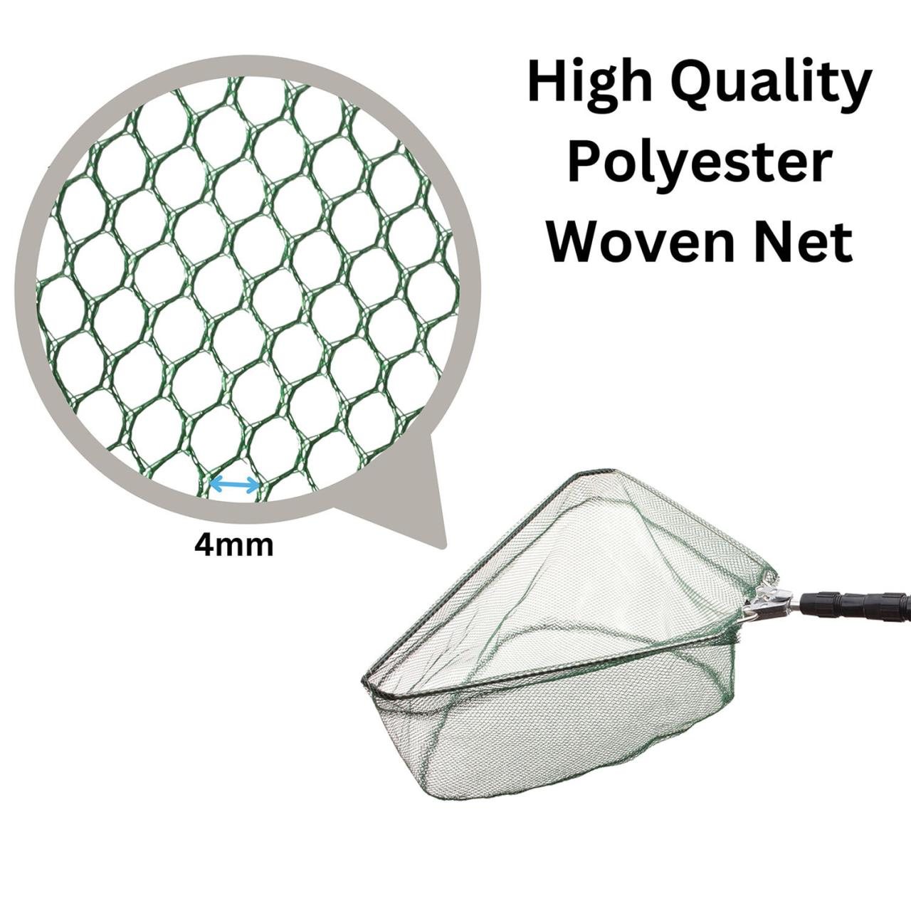Ein dunkelgrüner, hochwertiger Polyester-Kescher mit engmaschigem Netz, das in einer Vergrößerung die 4mm Maschenweite deutlich zeigt. Das robuste gewebte Netz ist ideal für den Fischfang und gewährleistet Langlebigkeit.