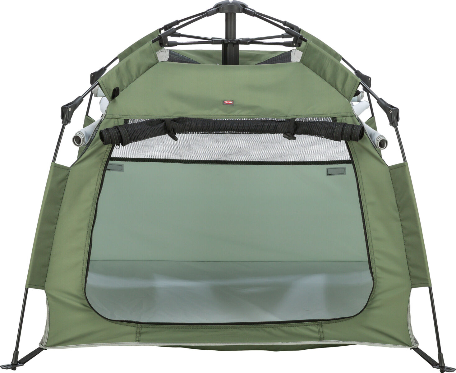 Tenda per animali domestici aperta e pieghevole, verde oliva scuro su sfondo bianco. Ampia apertura frontale con tessuto arrotolato e fissato, finestra in rete sopra. Interno con pavimento grigio chiaro e tubi metallici neri. Ventilata.