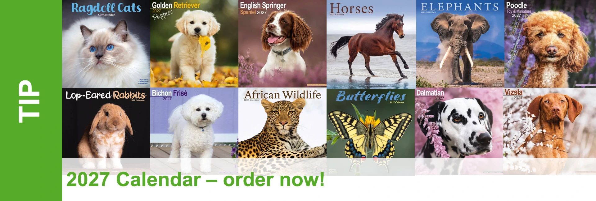 12 cover designs: Ragdoll, golden retriever puppy, Springer Spaniel, horse, elephant, poodle, rabbit, Bichon Frise, leopard, butterfly, Dalmatian, Vizsla. Below: ‘2027 Calendar – order now!’, left: ‘TIP’.