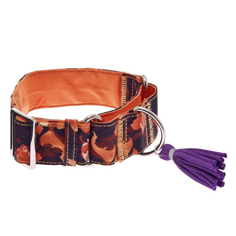 Collier de chien martingale orange avec motif de poisson et pompon violet, boucle en métal et anneau en D.