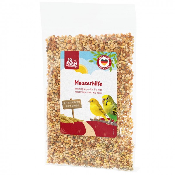 Klare JR FARM-Tüte mit Hirse/Vogelfutter. Aufdruck: „Mauserhilfe“, „MIT VIELEN VITAMINEN“, Herz mit Deutschlandflagge. Bild: gelber Kanarienvogel und grüner Wellensittich.