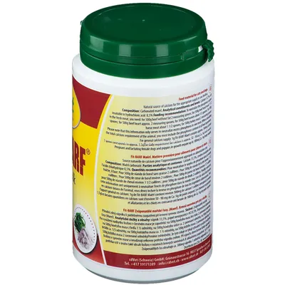 Un récipient blanc avec un couvercle vert de cdVet Fit-BARF chaux d'algues, un complément de calcium pour les animaux.