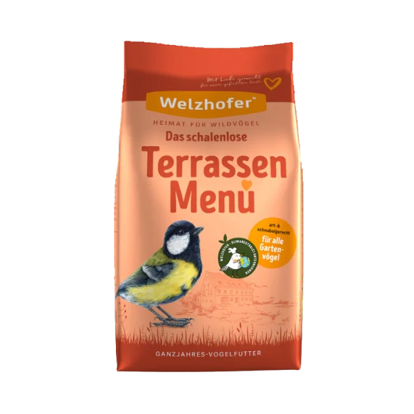 Eine Packung Welzhofer Terrassen Menü Vogelfutter mit einer Meise darauf, Text: schalenlos, für Gartenvögel.