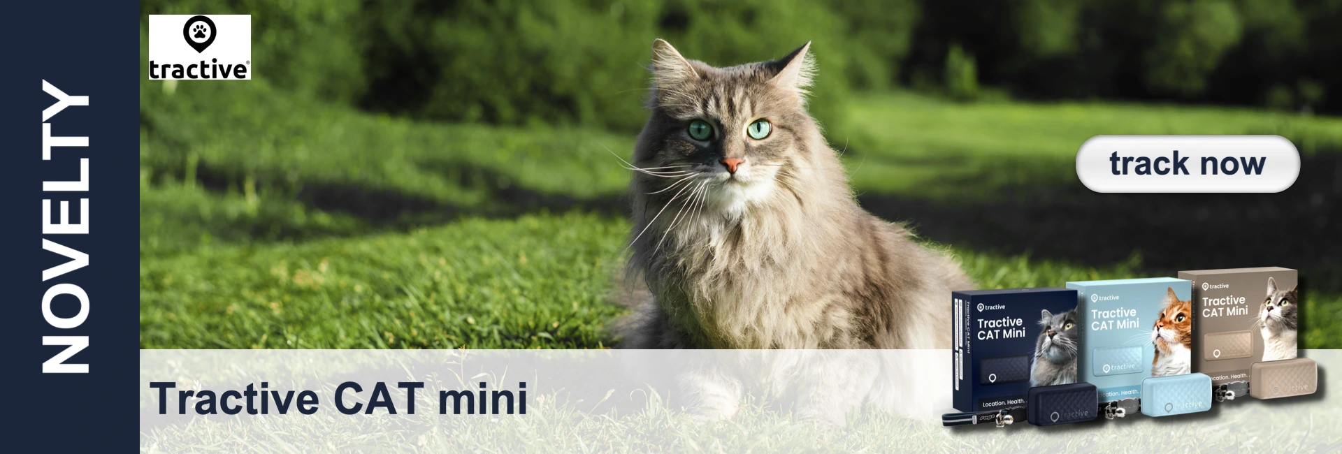 A grey, long-haired cat with green eyes sits on a green meadow. Behind the cat is product packaging and a "Track Now" button.
